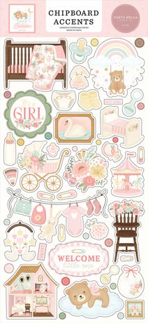 Collection of baby-themed chipboard accents with illustrations on a white background