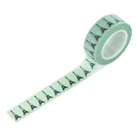Mint green tape with black Eiffel Tower design on a white background
