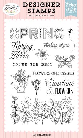 Designer stamps with floral and text design on a pink background