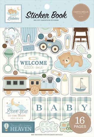 Sticker book with baby-themed illustrations and text on a blue background