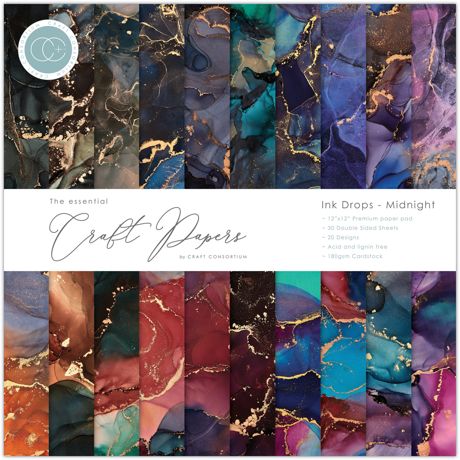 Collection of ink drop patterned craft papers with a brand logo at the top left corner.