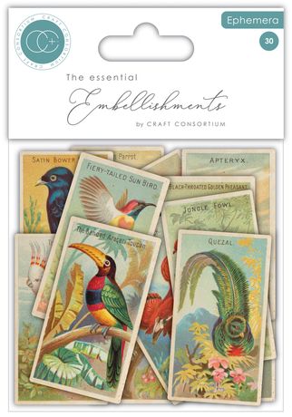 Packaged embellishments with vintage-style bird illustrations on a white background