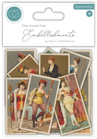 Packaging of 'The essential Embellishments' by Craft Consortium featuring vintage-style illustrations of women.