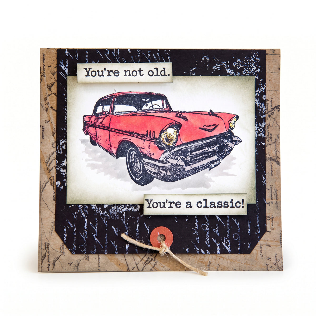 Darkroom Door Classic Cars rubber stamps used to make a handmade card featuring a red vintage car and “You’re not old. You’re a classic!” sentiment.