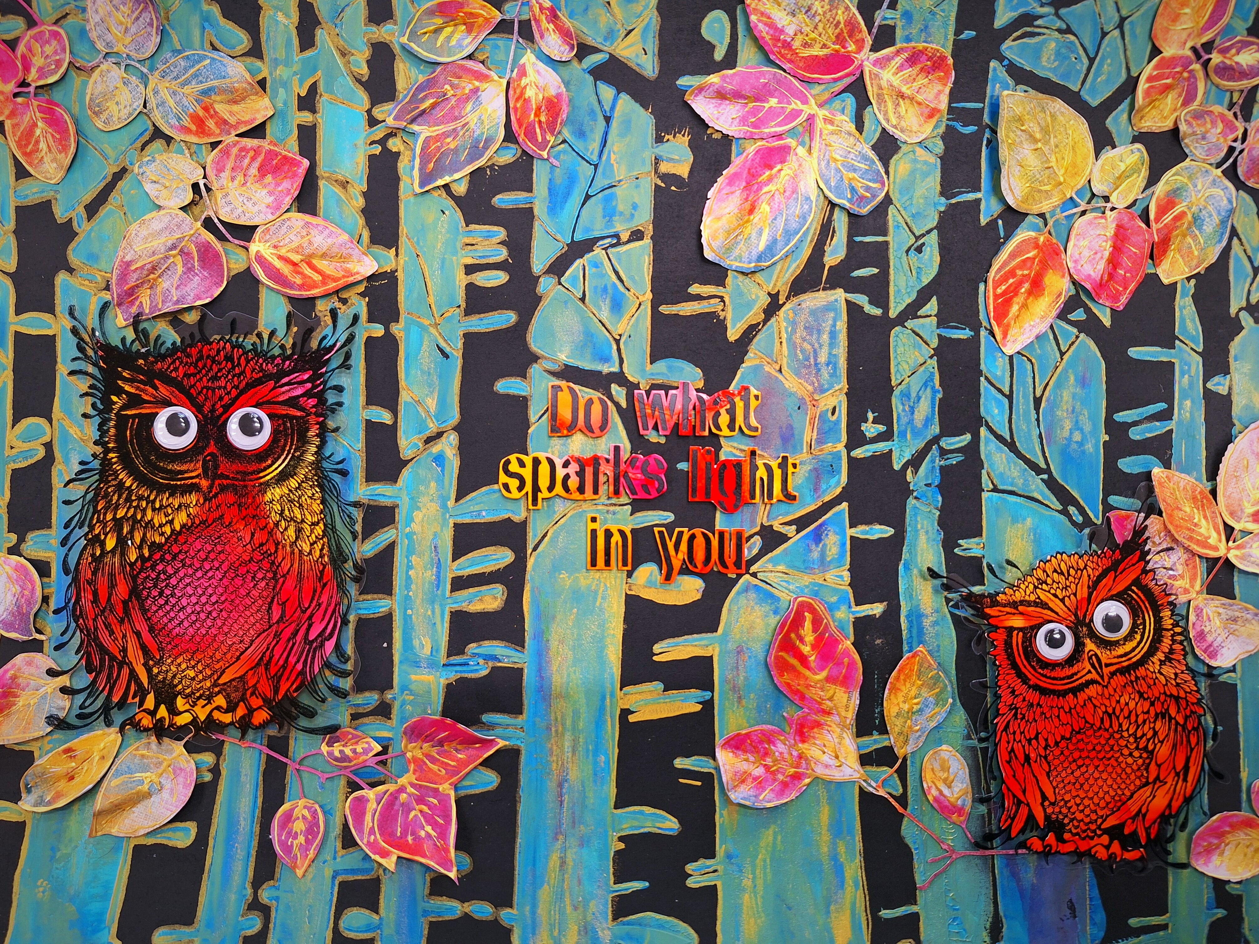 A colorful art class featuring two stylized owls in a forest scene with autumn leaves and the text 'Do what sparks light in you' on a dark background.