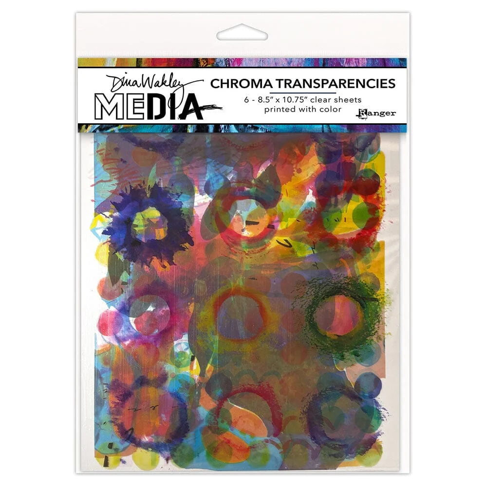Packaging of Dina Wakley Media Chroma Transparencies with colorful design on a white background