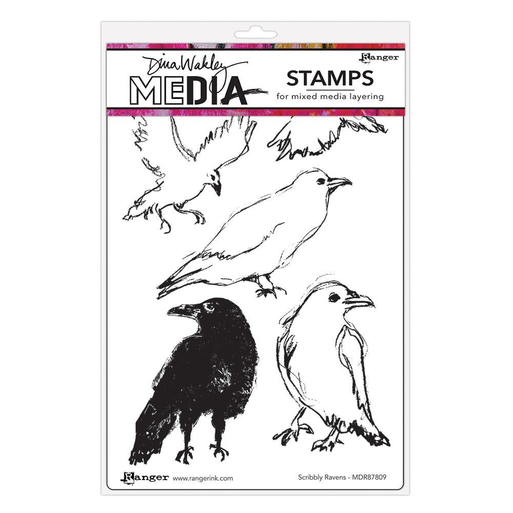 Packaging of Dina Wakley Media stamps featuring illustrations of ravens.