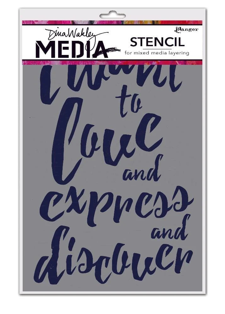 Dina Wakley Media Stencil by Ranger, featuring the quote 'I want to love and express and discover' in navy blue script on a gray background, packaged in a white card with a hanging tab.