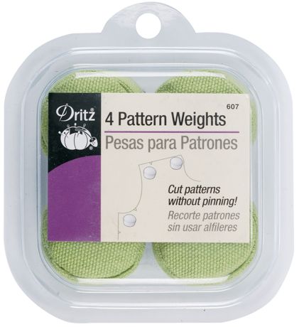 Dritz pattern weights packaging with green weights inside on a white background