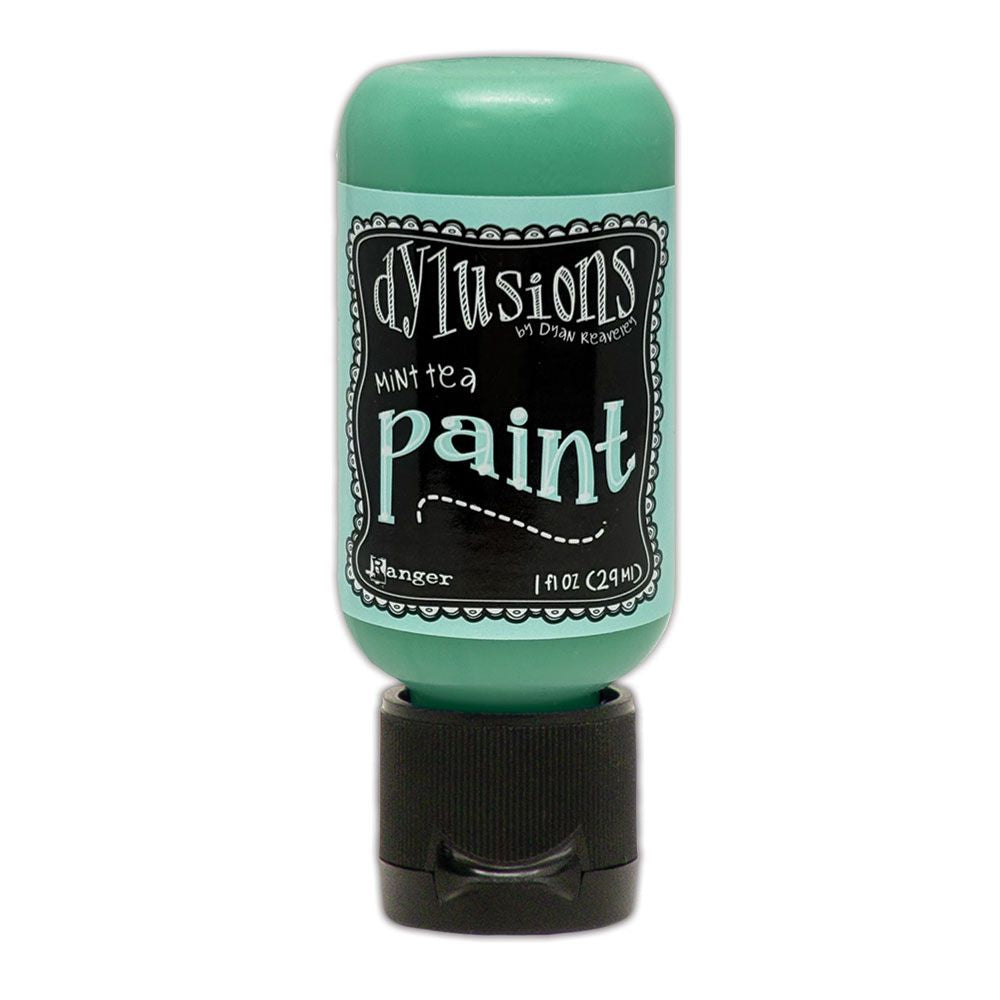 Bottle of Dylusions Mint Tea paint with a black cap on a white background