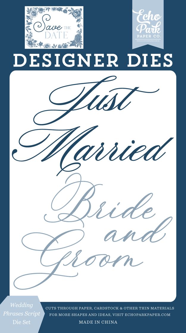 Designer dies packaging with text 'Just Married Bride and Groom' on a blue and white background.