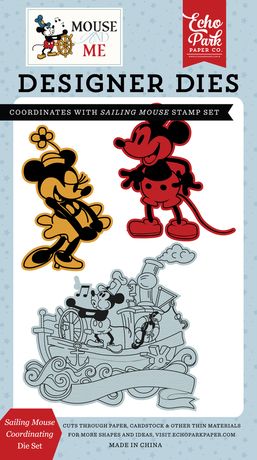 Echo Park Mouse Me Designer Dies packaging with Mickey and Minnie Mouse designs on a light blue background.