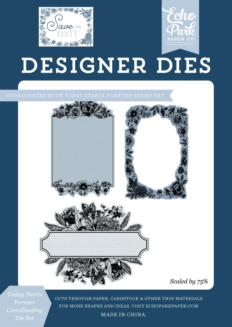 Echo Park Designer Dies packaging with floral frame designs on a blue background