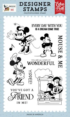 Designer stamps with cartoon characters and text on a light blue background