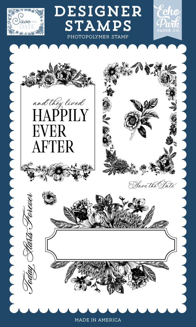 Designer stamps with floral designs and text on a white background