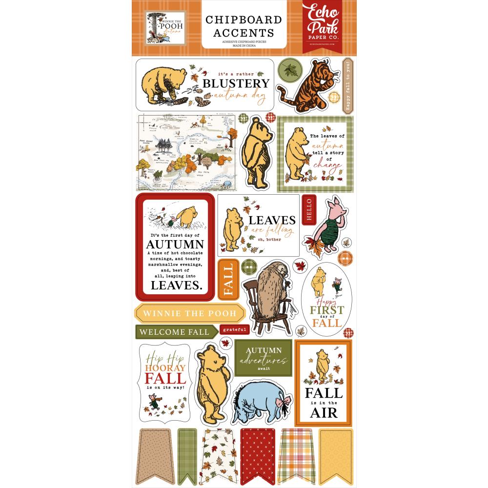 Echo Park Winnie the Pooh Autumn Chipboard Accents 6x13 sheet with fall designs for card making, scrapbooking, journaling and seasonal crafts