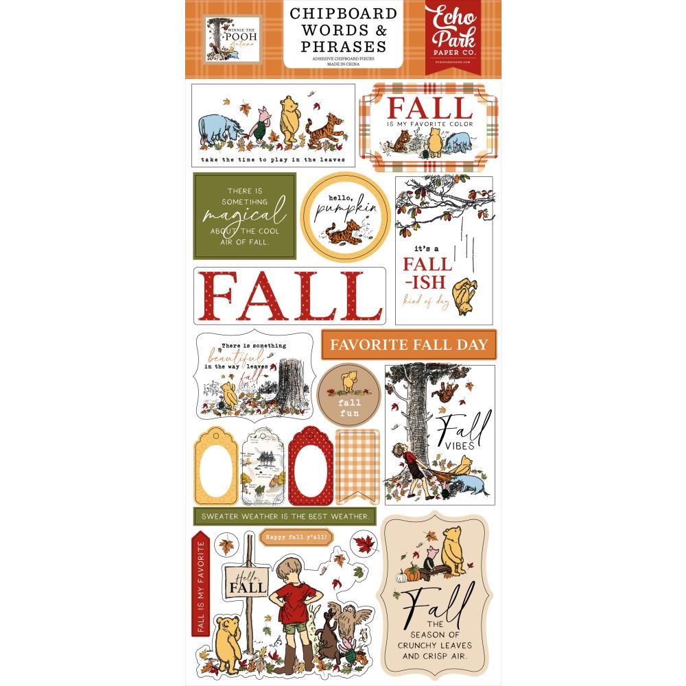 Echo Park Winnie the Pooh Autumn Chipboard Words and Phrases 6x13 sheet for card making, scrapbooking, journaling and seasonal paper crafts