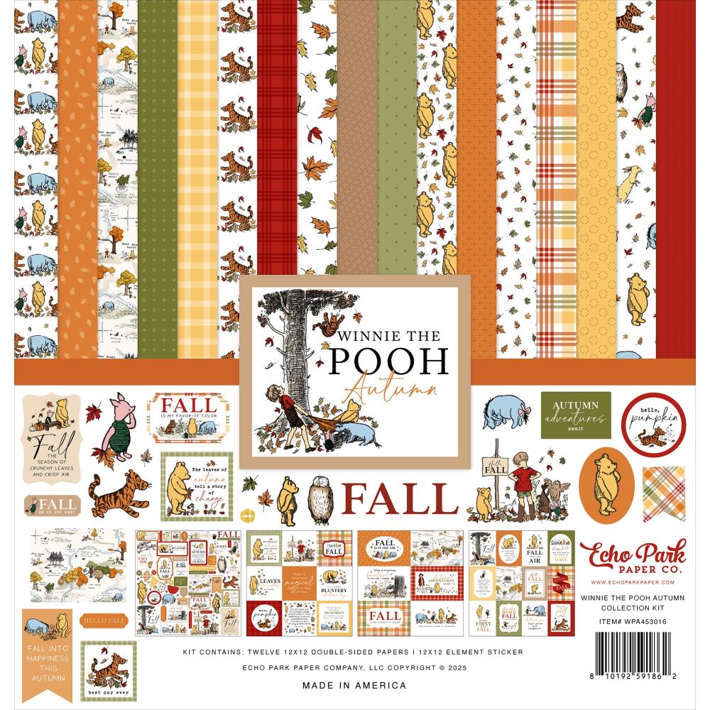 Echo Park Winnie the Pooh Autumn Collection Kit with 12 double-sided 12x12 patterned papers and matching element sticker sheet for scrapbooking and crafts