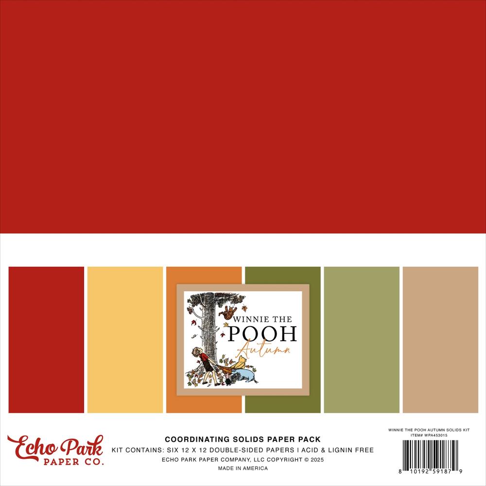 Echo Park Winnie the Pooh Autumn Solids Collection Kit with 12x12 double-sided cardstock in six fall colors for scrapbooking, card making and crafts