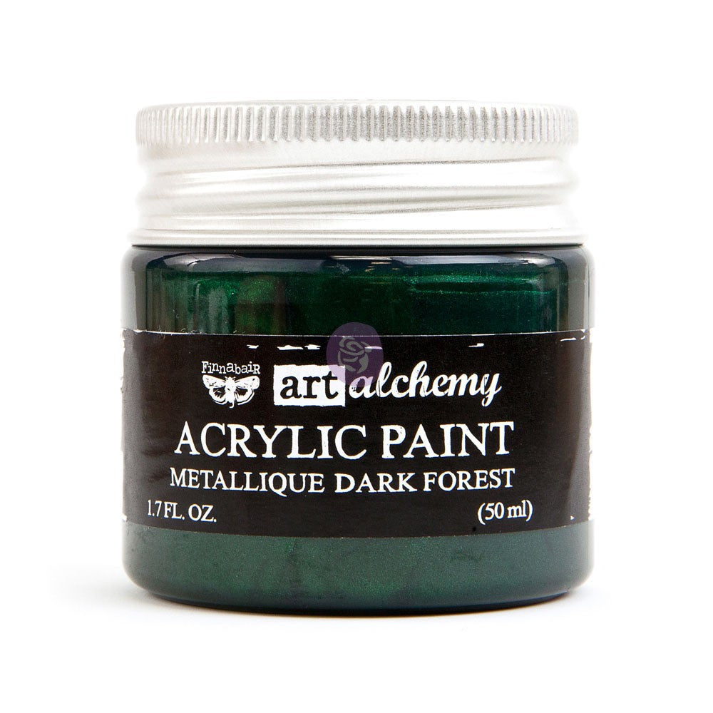 Jar of Art Alchemy acrylic paint in Metallique Dark Forest color on a white background