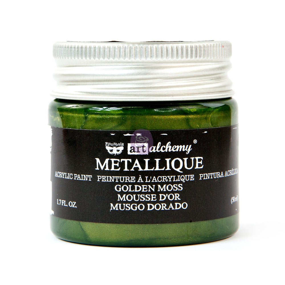 Jar of Art Alchemy Metallique acrylic paint in Golden Moss color on a white background