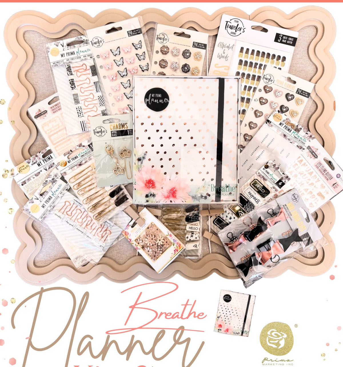 A promotional collage for the Breathe Planner Kit-2, showing multiple planner inserts, stickers, and decorative paper pieces arranged on a scalloped beige tray. Large text at the bottom reads 'Breathe Planner Kit-2' and 'Only $15.