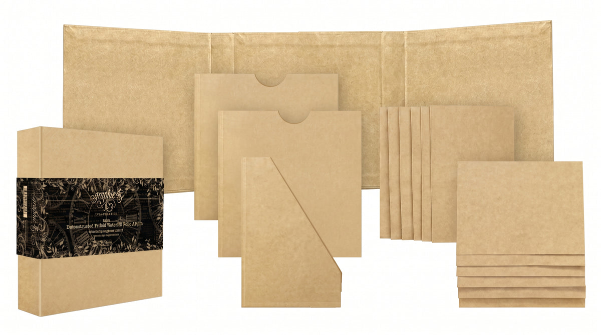Graphic 45 Kraft Deconstructed Trifold Waterfall Folio Album kit with album base, waterfall pages and pockets