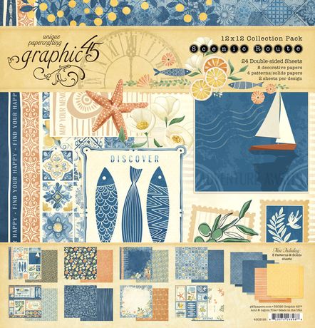 Collection of paper crafting sheets with scenic designs and 'graphic 45' branding.