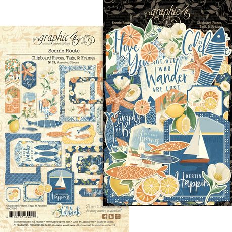 Two packages of 'Graphic 45' scrapbooking supplies with decorative elements and text.