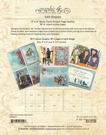 Back cover of a product packaging for Graphic 45 pocket page refills with illustrations and text.