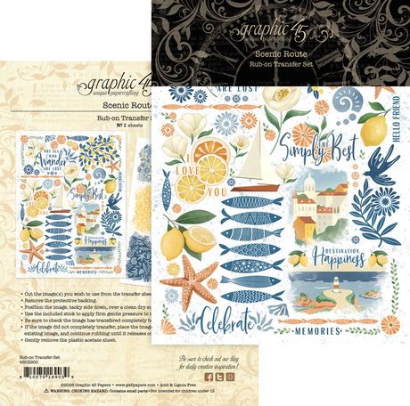 Collection of Graphic 45 scenic route rub-on transfers with various designs.