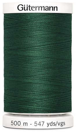 Spool of Gutermann thread in dark green on a white background