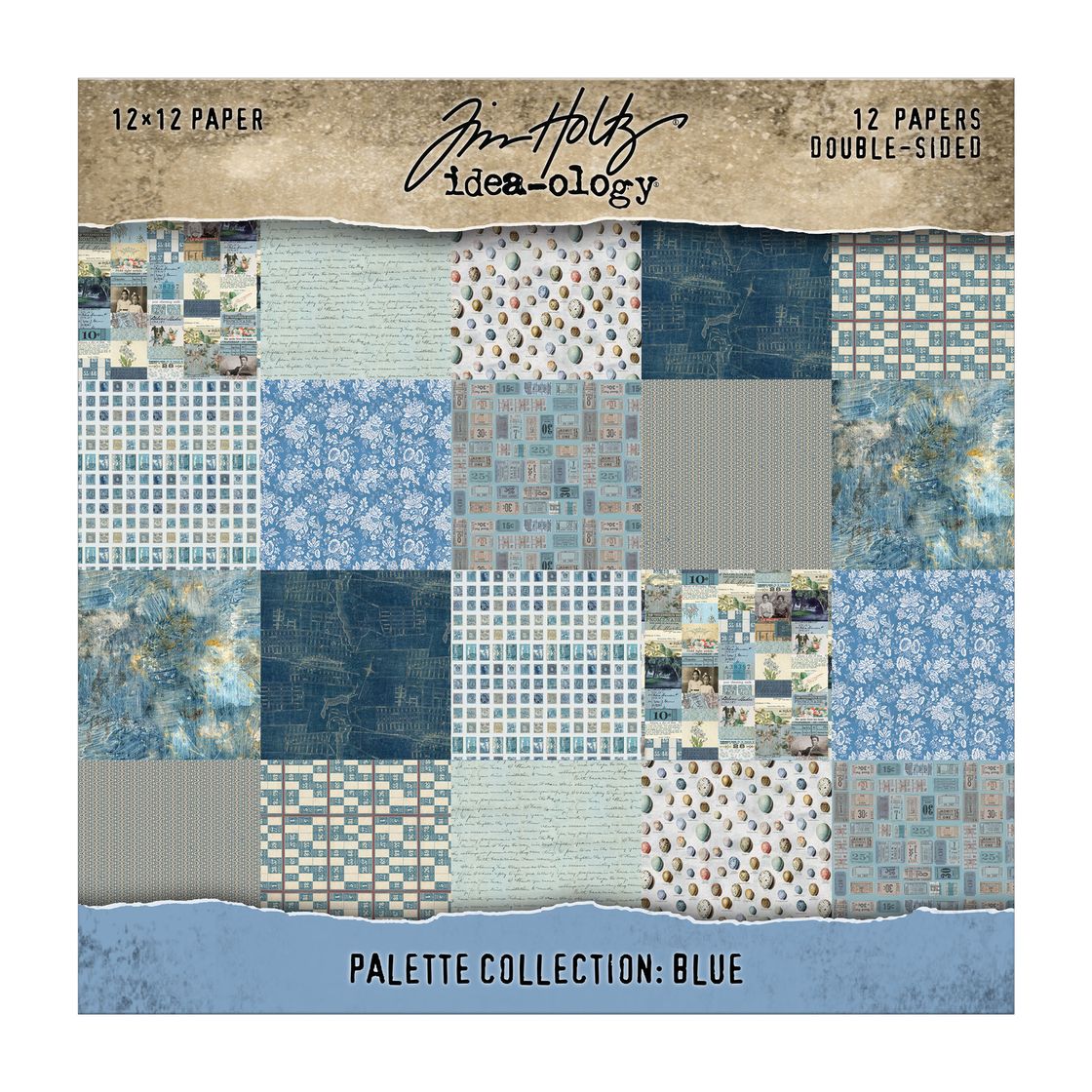 Collection of 12x12 paper sheets with various textures and patterns, branded as Idea-Ology by Tim Holtz.