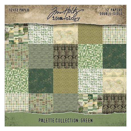 Packaging of Tim Holtz Idea-ology paper pad with green patterned papers.