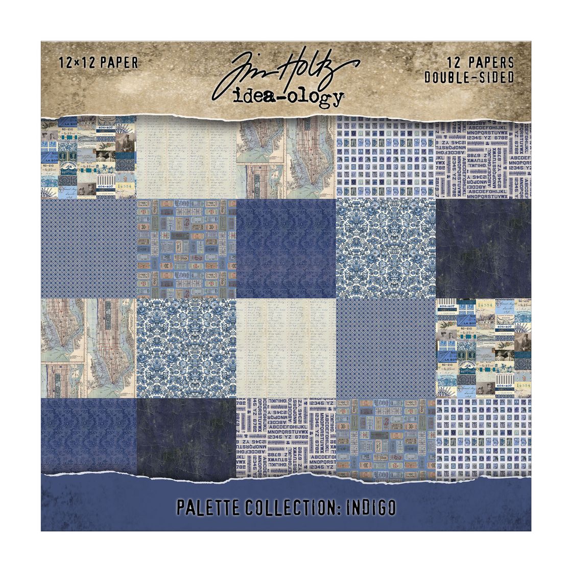 Packaging of Tim Holtz Idea-ology paper pad with blue and beige patterned papers.