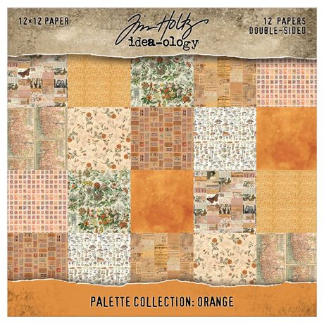 Packaging of Tim Holtz Idea-ology paper pack with various orange-themed patterns.