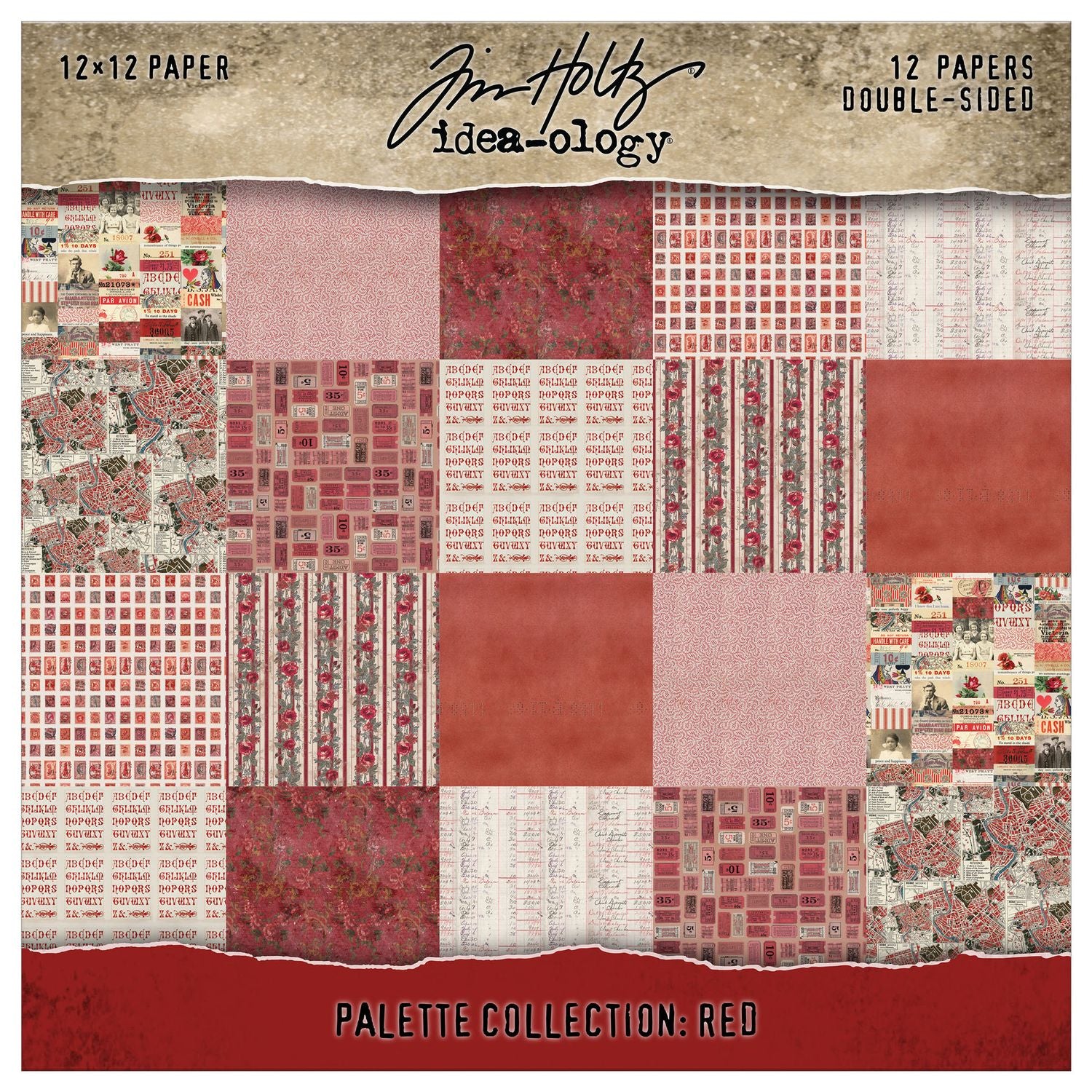 Collection of red and brown patterned papers with 'Tim Holtz idea-ology' branding.
