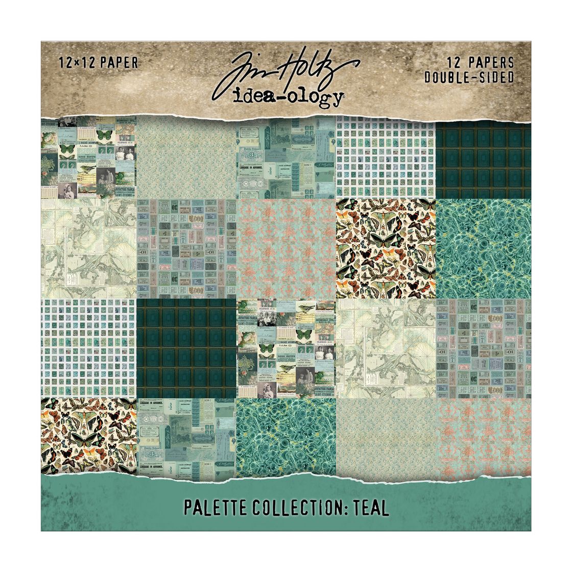 Packaging of Tim Holtz Idea-ology paper pad with teal and brown design patterns.