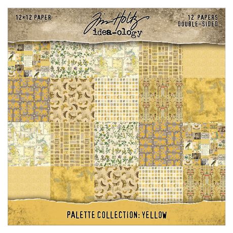 Collection of 12x12 paper sheets with various patterns and textures, featuring the brand 'Idea-Ology' on a beige background.