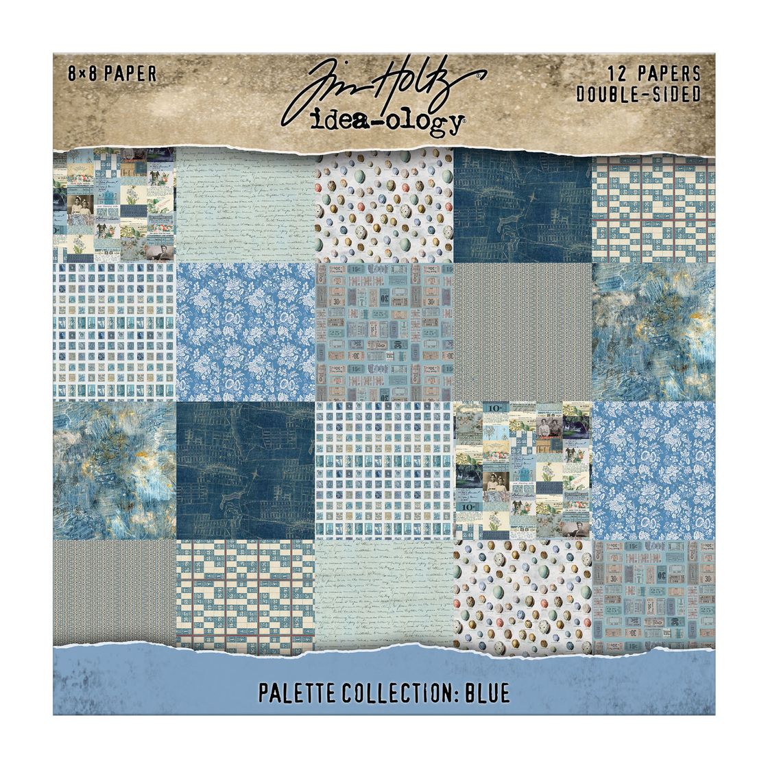 Collection of blue patterned papers with Tim Holtz branding on a white background