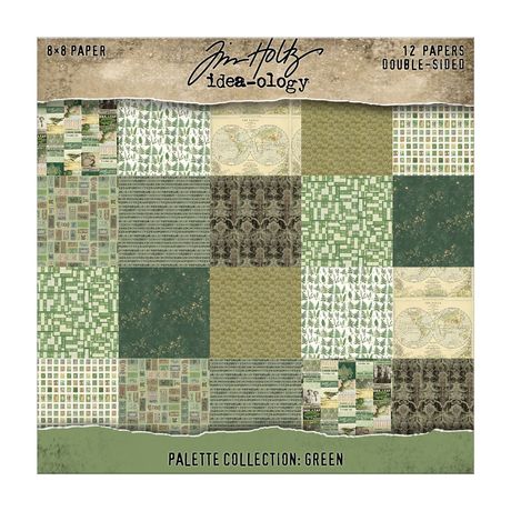 Packaging of Tim Holtz Idea-ology paper pad with green patterned papers.