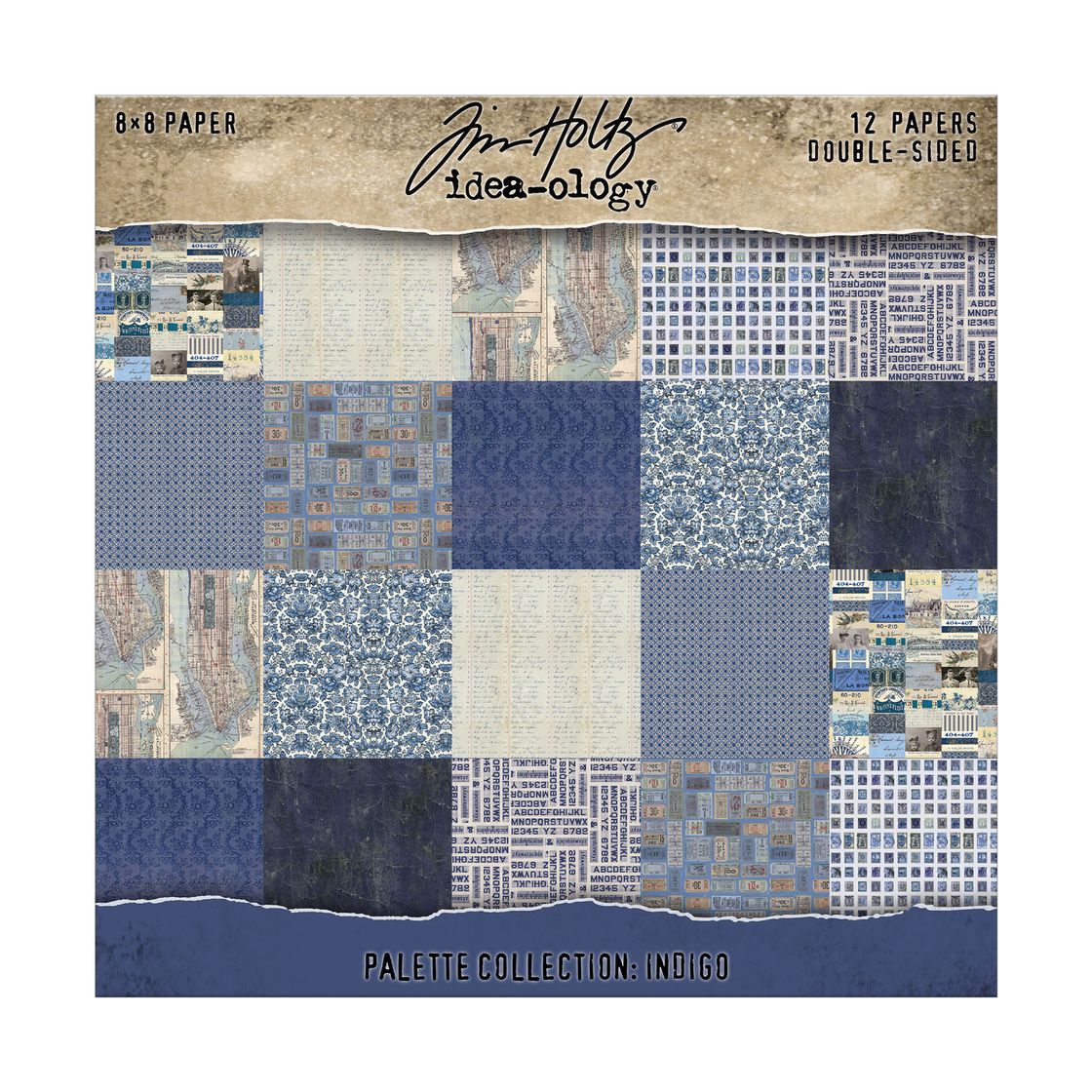 Packaging of Tim Holtz Idea-ology paper pad with blue and beige patterned papers.
