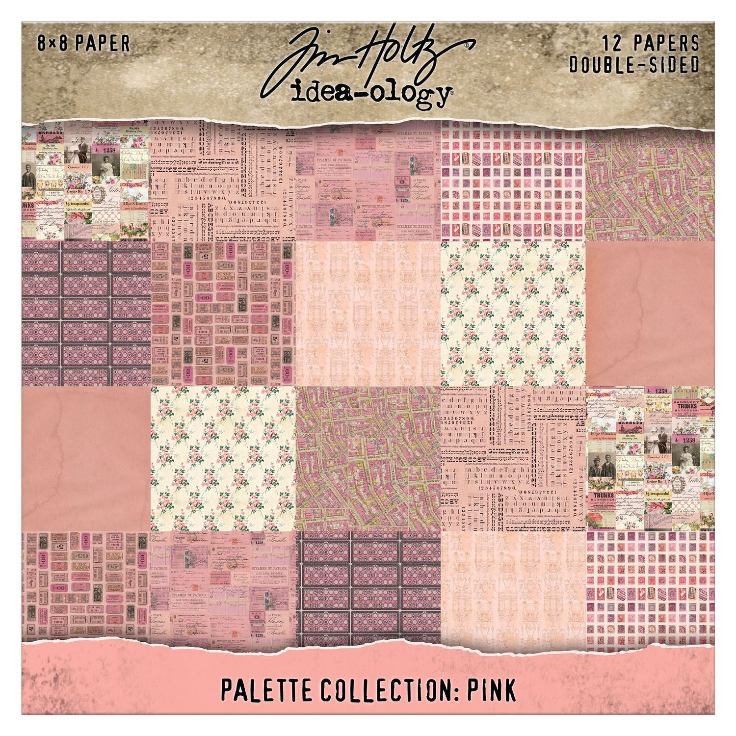 Collection of pink patterned papers with 'Tim Holtz Idea-ology' branding.