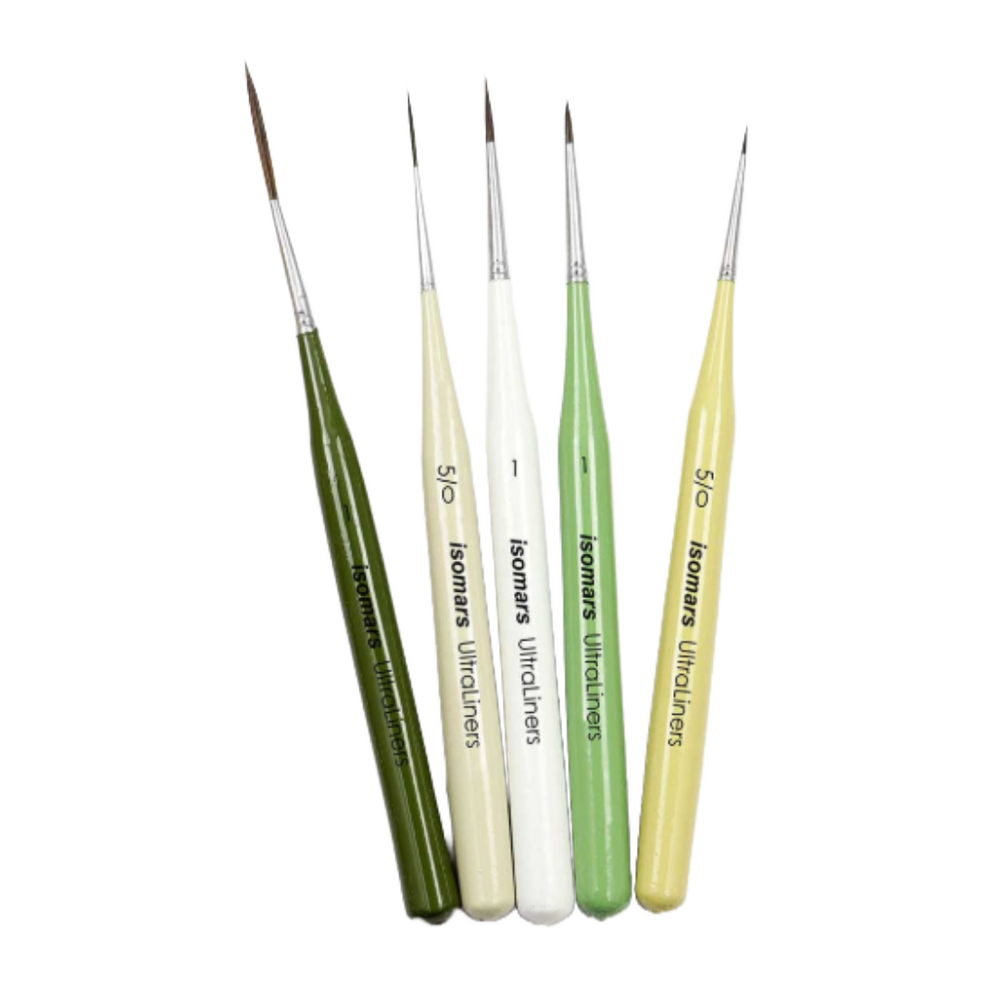 Set of five paint brushes with green and white handles on a white background