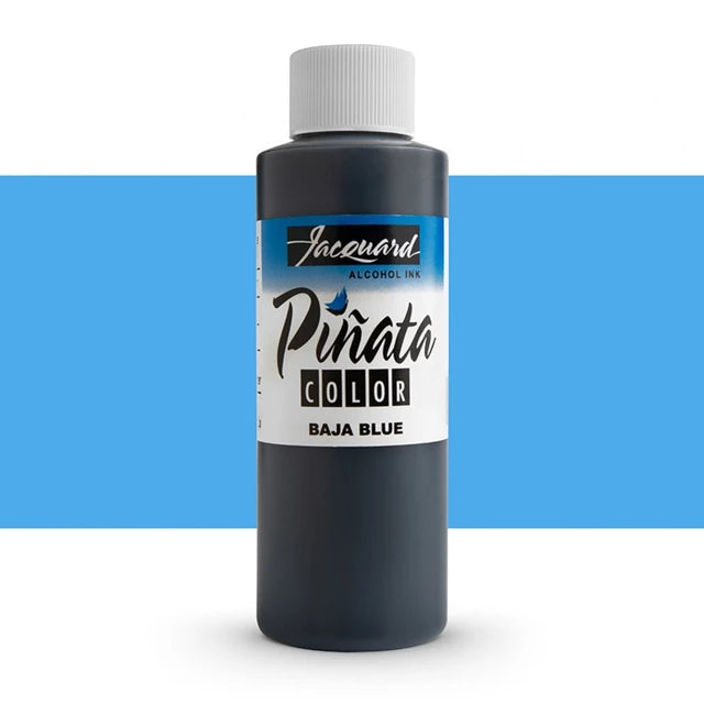 A bottle of Jacouard Pinata Color Alcohol Ink in the shade BAJA BLUE, shown against a white background with a wide blue horizontal band behind it.