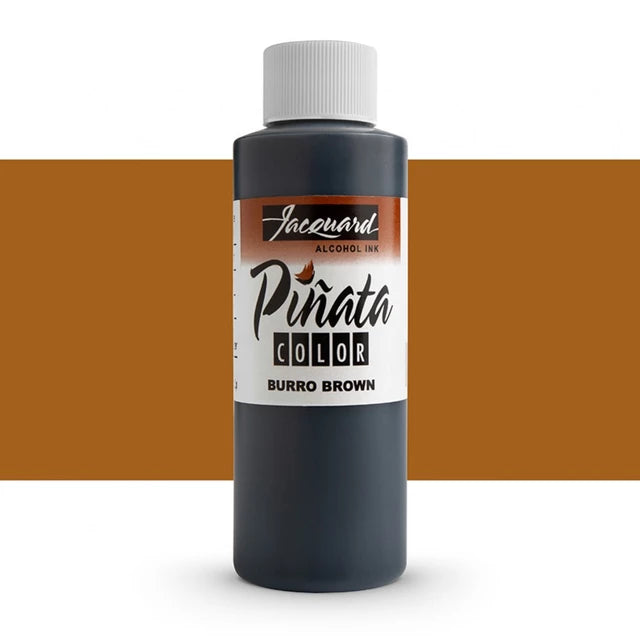 A bottle of Jacewulf Piñata Color Alcohol Ink in the shade 'Burro Brown', shown against a white background with a wide horizontal band of the ink's color behind it.