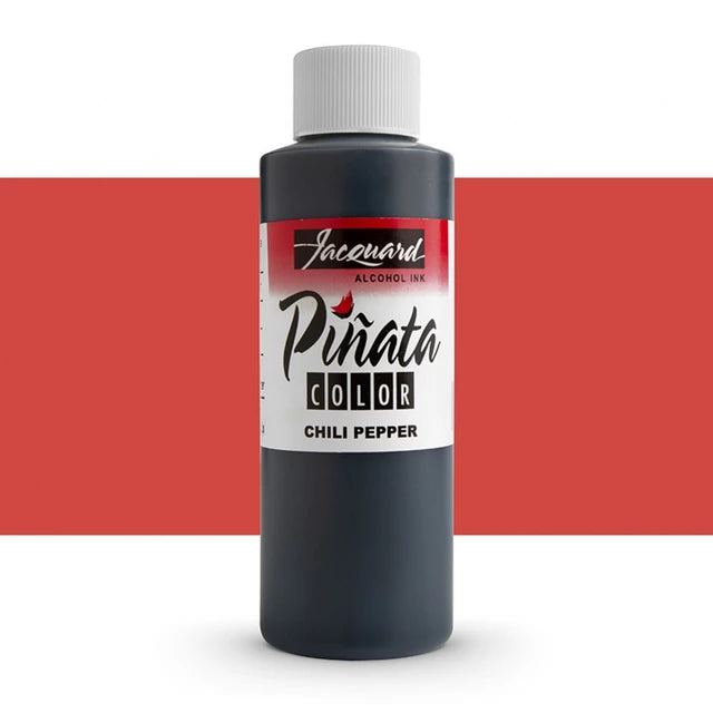 A bottle of Jacquard Pinata Color Alcohol Ink in the Chili Pepper shade, shown against a white background with a wide red horizontal band behind it.