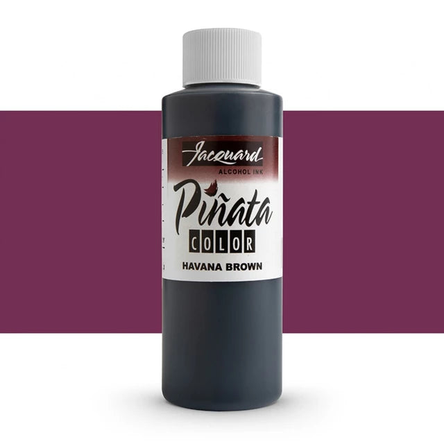A bottle of Jacewars Pinata Color Alcohol Ink in the Havana Brown shade, shown against a white background with a horizontal purple color swatch band behind it.