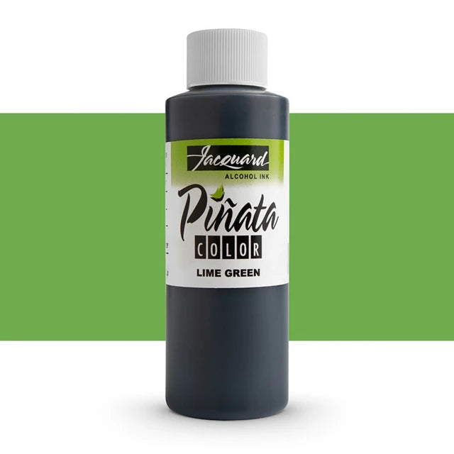 A bottle of Jacewaid Pinata Color Alcohol Ink in the shade Lime Green, shown against a white background with a horizontal lime green color band behind it.