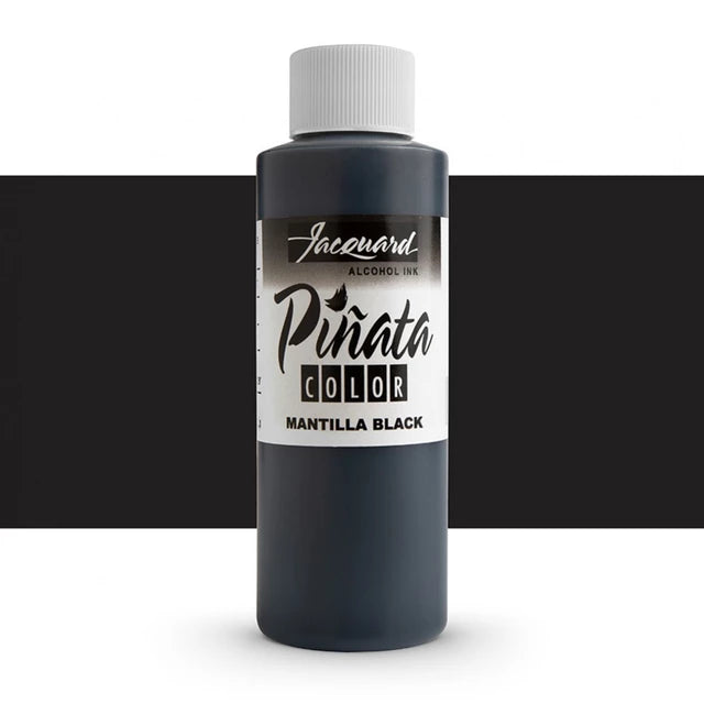 A bottle of Incouard Pinata Color acrylic ink in the shade Mantilla Black, shown against a split white and black background.